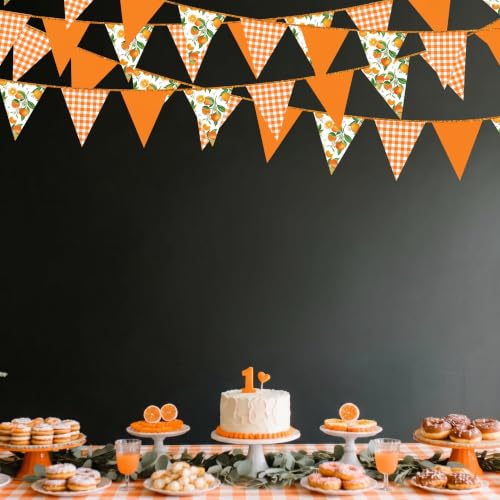 Image of Citrus Orange Party Decorations Orange Plaid Floral Pennant Banner Flag Hanging Paper Triangle Bunting for Birthday Wedding Bridal Shower Engagement Bachelorette Party Decorations Supplies