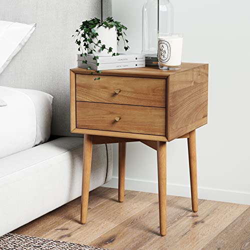 Nathan James Harper 32704 Table de chevet en bois de chêne du milieu du siècle avec 2 tiroirs, petite table d'appoint avec rangement, marron