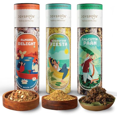 Image of JoySpoon Mukhwas Combo| Almond Delight, Calcutta Paan & Digestive Fiesta| Supari Free Traditional Indian Mouth Freshener| After-Meal Digestive | No Artificial Colour & Preservative| Pack of 3x100g