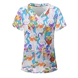 STPT Damen Kasacks Damen Pflege Bunt Motiv Kurzarm Oberhemd Pflege Uniform Cartoon-Tierdruck Mit Motiv V-Ausschnitt Arbeitskleidung Schlupfhemd Kasack Berufsbekleidung Tunika T-Shirts Tops