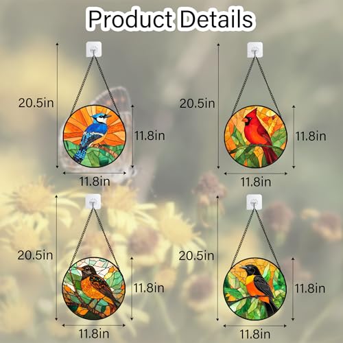 Image of DASTOLL Stained Glass Window Hanging 4 Pcs Set Birds Large 11.8 inch - Cardinal Blue Jay Suncatcher Door Garden Sun Catcher Decor Birthday Christmas for Bird Lovers Mom Woman Nana Men