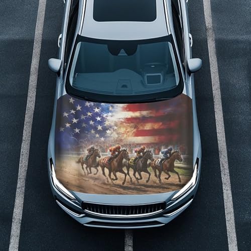 Image of 59x39 Inch Hood Cover for Compact Cars SUV Sedans Trucks, Waterproof American Flag Horse Stretchable Car Hood Wraps Auto Banner Auto Dcorative Accessories