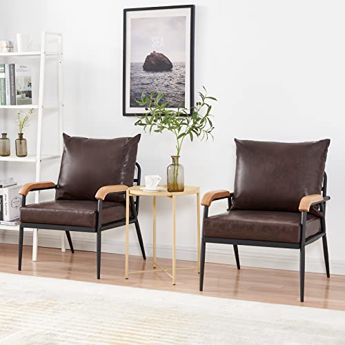 Clipop Mid Century Modern Accent Chair, Single Sofa With Removable Backrest And Cushion, Upholstered Faux Leather Armchair With Solid Wood Armrest Metal Frame Easy-Assembly, 24" W, Dark Brwon #TOP4