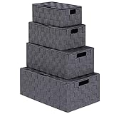 LEAVINSKY Woven Storage Basket, Woven Storage Box, Nylon Woven Box Basket with Lid, Grey Woven Basket Stackable Storage Basket, Woven Strap Organizer, 4 Pack Grey