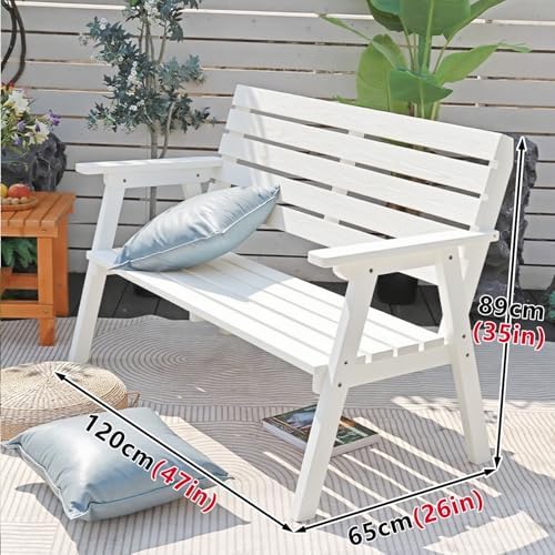 Modern Pine Wood Outdoor Bench - Slat Design for Patios, Lawns, Balconies & Porches - 120cm/47in White One-Piece Molding for Indoor & Outdoor Use