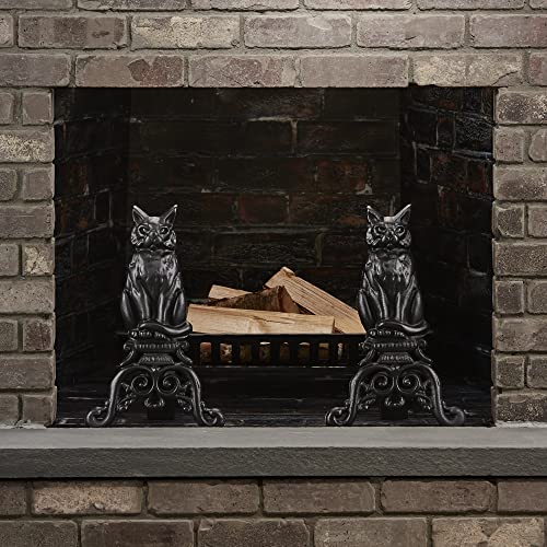 UniFlame, A-1251, Black Cast Iron Cat Fireplace Andirons with Reflective Glass Eyes
