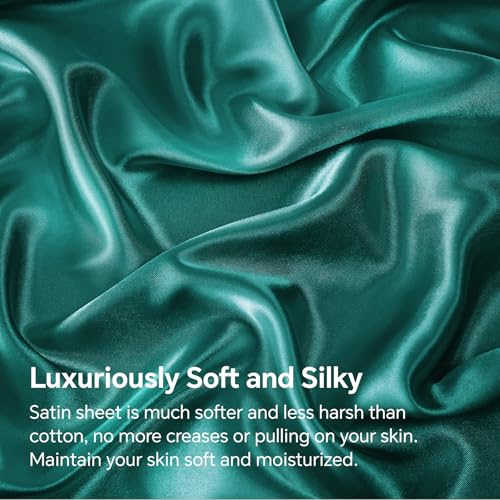 BEDELITE Satin Fitted Sheet and Pillowcases Set, Luxury Soft Similar to Silk Bottom Bedsheet with Elastic Corner Straps, Deep Pocket up to 15 Inch, 1 Fitted Sheet and 2 Pillowcases(King, Teal)