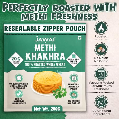 Image of JAWAI ROASTED WHOLE WHEAT METHI KHAKHRA COMBO KHAKRA- High Protein Healthy Snack, Diet-Friendly, Tea Time Snacks, Vacuum Packed Indian Snacks Pack of 4-200 Grams Each