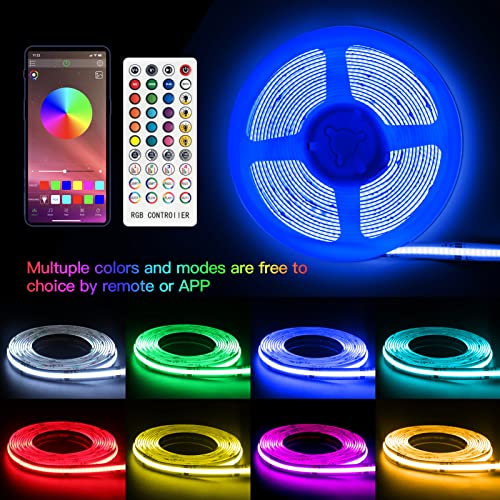 Image of RGB COB Led Strip Kit, 16.4FT Ultra Bright (840LEDs /m) Bluetooth Led Lights with Smart App Control Remote, 24V Music Sync Led Lights, Color Changing Led Strip Lights for Bedroom, Indoor Home Decor