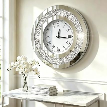 DMDFIRST Silver Round Mirror Clock 20 x 20 inches Crystal Sparkle Twinkle Bling Crush Diamond item