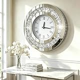 DMDFIRST Silver Round Mirror Clock 20x20inches Crystal Sparkle Twinkle Bling Crush Diamond Mirrored Large Wall Clock for Wall Decoration Silver Glass Mirror Home Décor. AA Battery is not Included.
