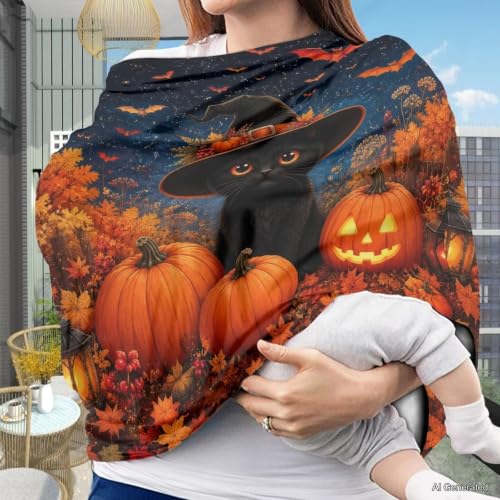 Image of Wanyint Baby Car Seat Cover Car Seat Canopy for Babies Boys Girls, Multi-Use Infant Breastfeeding Covers Nursing Scarf Halloween Decoration, Black Cat Witch Pumpkin Bat