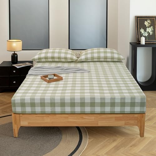 EVERLY Linen Sheets Set Queen Size,100% French Stonewash Pure Linen Sheets Set,4Pieces (1Flat Sheet,1Fitted Sheet,2Pillowcase) Suitable for Hot Sleepers,Deep Pocket Natural Bedding Set-Green Plaid
