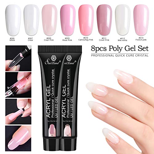 8 Colors Poly Gel Nail Kit, Saviland UV Builder Gel Nail Extensions Starter Acrylic Nail Kit 15g (Clear Pink White)