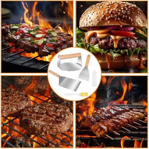 Abiemuce 5-TLG Burger Smasher Set, Edelstahl Smash Burger Set inlk.Burger Smasher, Groß Grillwender, Grillspachtel, Quetschflaschen und Bürste, für Outdoor Indoor BBQ Steak Pizza Plancha Grillparty