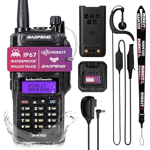 Mirkit Waterproof Baofeng Radio UV-9R Plus MK1 (UV-82 3rd Gen) 8 W VHF/UHF 144-148/420-450MHz Walkie Talkie with 2200mAh Battery & Programming Cable. IP67 Handheld Radio: Dust, Cold, Waterproof Cover