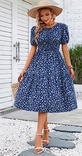 Image of Kormei Women Summer Casual Boho Floral Round Neck Short Sleeve Smocked Waist Tiered Flowy Swing Midi Dress
