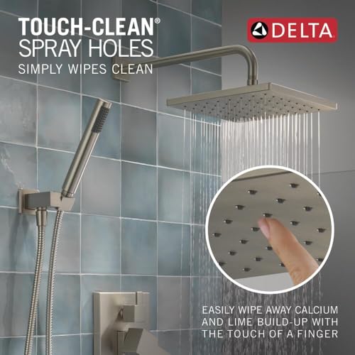 Image of Delta Modern 14 Series Square Rain Shower System Faucet Set, Rainfall Brushed Nickel Shower Head and Handle Set, Valve Trim Kit, 10 Inch, Spotshield Stainless 342701-SP