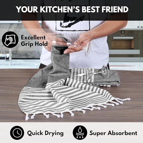 Image of Turkish Kitchen Towels 18x26 Inches with Tassels - 4 Pack - Absorbent, Durable, Soft 100% Cotton Dish Towels for Drying & Cleaning - Machine Washable, Quick Dry - Black
