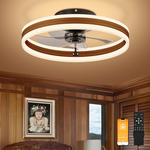 Image of VOLISUN Low Profile Ceiling Fans with Lights and Remote, 19.7in Farmhouse Ceiling Fans with Light Flush Mount, 3000K-6500K Dimmable Fandelier LED Fan Light, Bladeless Ceiling Fans for Bedroom