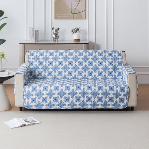 Image of House of Quirk 'Mughal Series' Anti-Slip Sofa Cover Mat with Pocket | Polyester Couch Protector for Pets, Kids & Spills (Indigo Motif, 180x210cm, Four Seater)