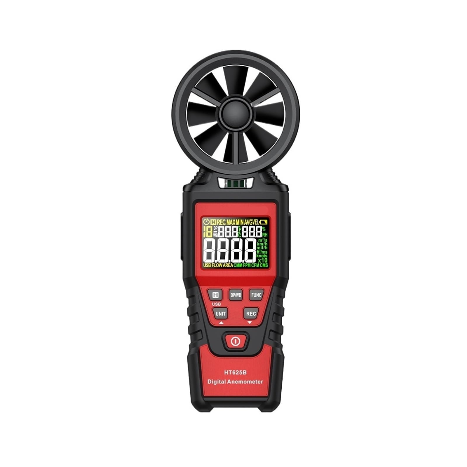 HT625 Digital-Anemometer Tragbares handgehaltenes Windgeschwindigkeitsmessgerät Windmesser LCD-Hintergrundbeleuchtungsanzeige Temperatur-Feuchtigkeitsmessgerät(HT625B)