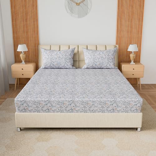 Image of LINENWALAS 100% Cotton 200 TC Queen Fitted Sheet with 2 Pillow Covers | 360 Elastic Bedsheet with 4-8 inch Deep Pocket - Soft Breathable Bedding (60x78 inch, Skylet Breeze)