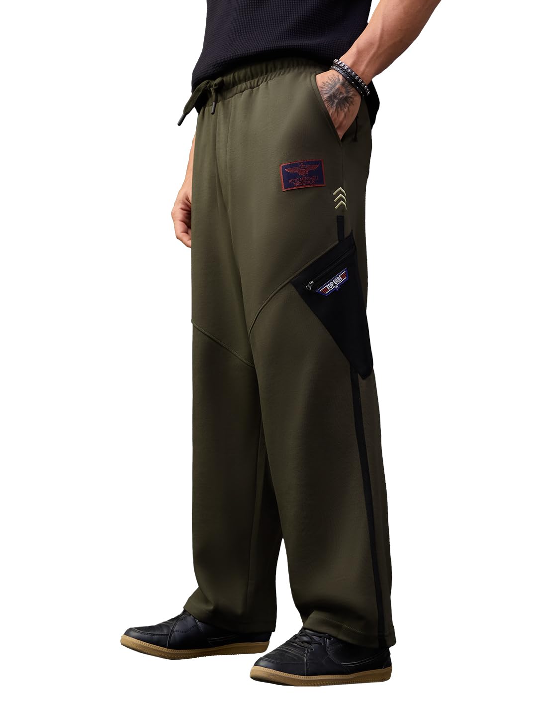the souled store Top Gun: Sky Ace Men and Boys Drawstring Waist Olive Green Solid Cotton Blend Relaxed Fit Zippered Utility Pocket All-Season Lightweight Joggers-picture-11