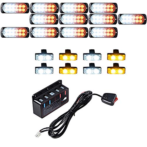 Astra Depot 12PCS Ultra Slim 12-LED 36W Emergency Hazard Caution Surface Mount Strobe Light & 8pcs 2-LED Car Truck Grille Deck Dash Flashing Light - Amber White