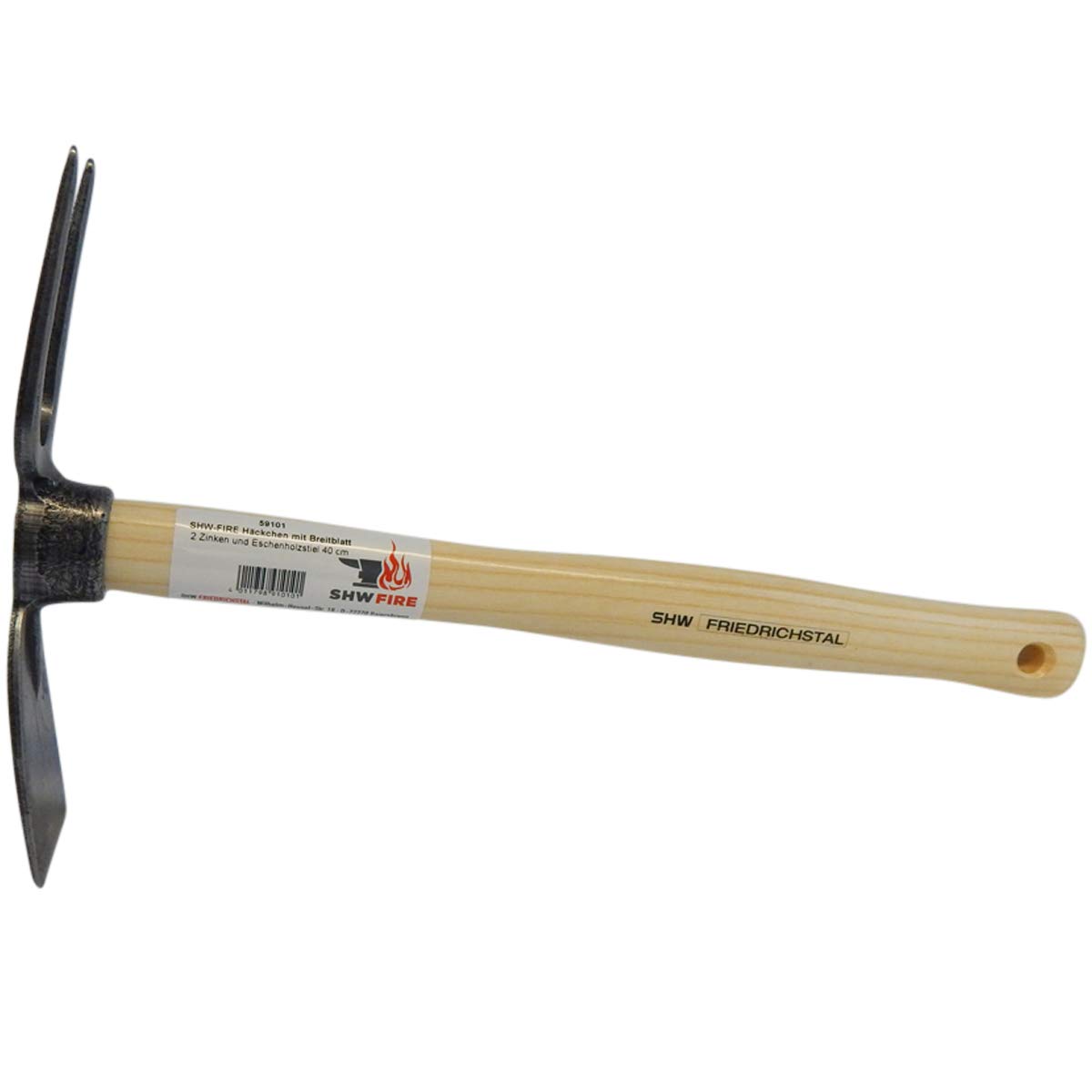SHW-FIRE 59101 - Zappa da giardino a lama larga, 2 denti con manico in legno di frassino corto, 40 cm