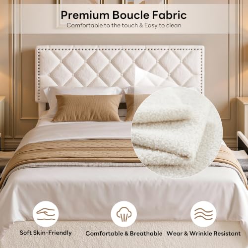 Image of LIKIMIO Queen Upholstered Bed Frame with 4 Storage Drawers, White Boucle | 41 inch /43 inch Height-Adjustable Headboard, With Under-Bed Drawers, No Box Spring Needed