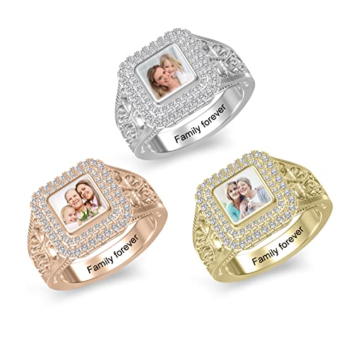 Personalized Picture Ring Custom Engraved Ring Square/Heart Photo Ring for Women Anniversary Promise Ring for Mother's Day Christmas Birthday