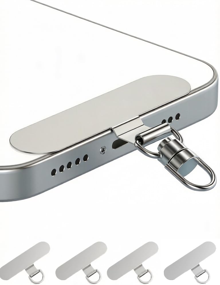 Phone Tether Tab 4pcs 360° Swivel Clip Ultra Thin Stainless Steel Lanyard Tab Patch for All Phone Cases Insert, Silver