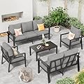VONZOY 5 Pieces Aluminum Patio Conversation Set Metal Deck Outdoor Furniture 7-Seat All-Weather Rust-Proof Sectional Sofa Set with Removable Cushion for Balcony, Yard, Poolside & Small Spaces