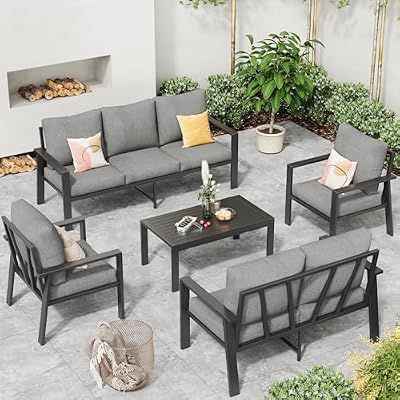 VONZOY Aluminum Patio Conversation Set with Coffee Table 5 Pieces Deck Outdoor Furniture 7-Seat All-Weather Rust-Proof Sectional Sofa Set with Removable Cushion for Backyard, Poolside & Small Spaces