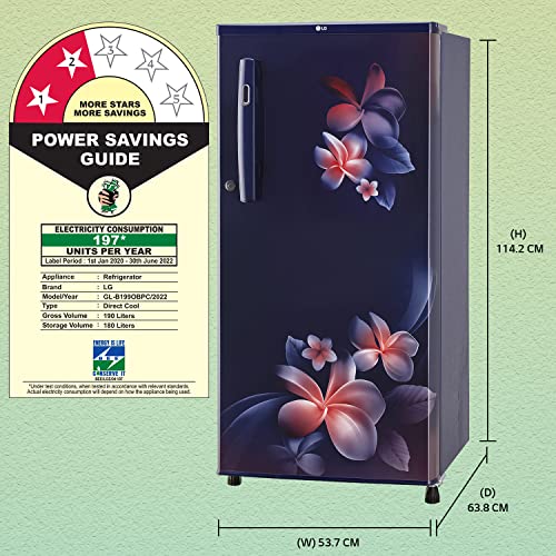 Image of LG 190L 2 Star Direct-Cool Single Door Refrigerator (GL-B199OBPC, Blue Plumeria, Fast Ice Making)