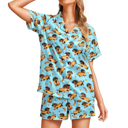Image of Funny Satin Pajamas Set for Women Button Down Sleepwear Print Pjs Set 2 Piece Short Sleeve Loungewear Gift for Women
