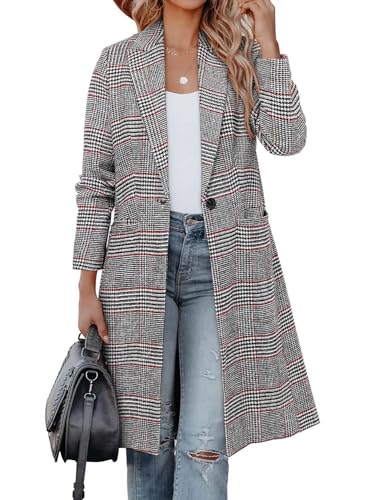 CHICZONE Womens Notch Lapel Wool Blend Pea Coat Single Breasted Long Plaid Jacket Winter Houndstooth Coat 3XL