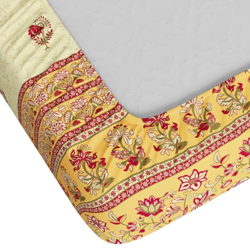 Image of Home Ecstasy 100% Cotton King Fitted Bedsheet with 2 Pillow Covers - (Size 72 x 78 inches, TC, Colour - Yellow)