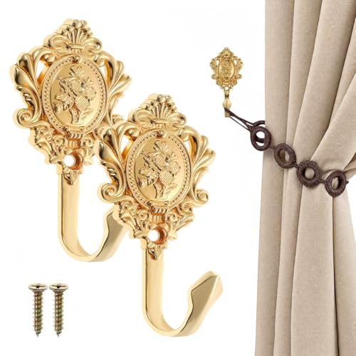 Image of HASTHIP BrandName wall Hooks Vintage zinc Alloy Curtain Holdback Hooks with Ornate Golden Finish, Decorative Embossed Design, Durable Metal Construction, Easy Mounted Installation for Window Styling