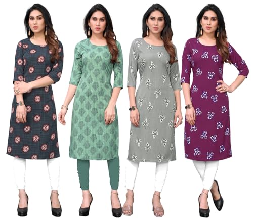 Image of JAKHANA Women's Crepe Printed Casual Straight Calf Length Round Nick Kurta Pack of 4