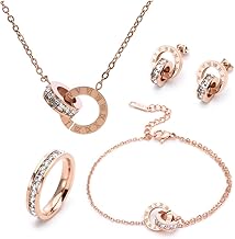 RPAEOY Parure Gioielli per Donna Ragazze Numeri Romani con Zircone Acciaio Inossidabile Placcato Oro Argento Pendente Collana Orecchini Bracciali Anelli Set Gioielli Set Sposa Regalo (Oro rosa)