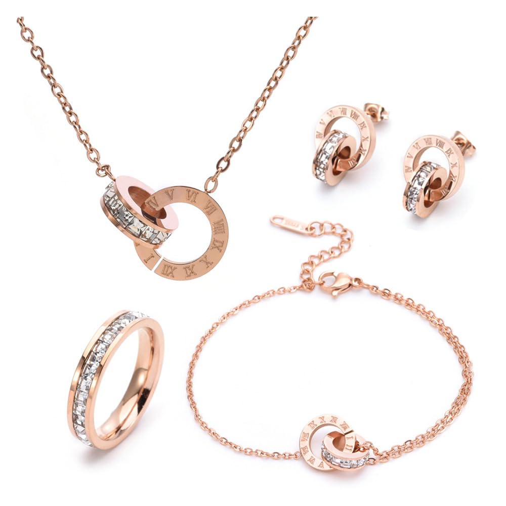 RPAEOY Conjuntos de Joyas para Mujer y Niñas Números Romanos Circón Acero Inoxidable Chapado en Oro Plata Colgante Collar Pendientes Pulsera Anillo Fiesta Boda Nupcial Dama de Honor (Oro rosa)