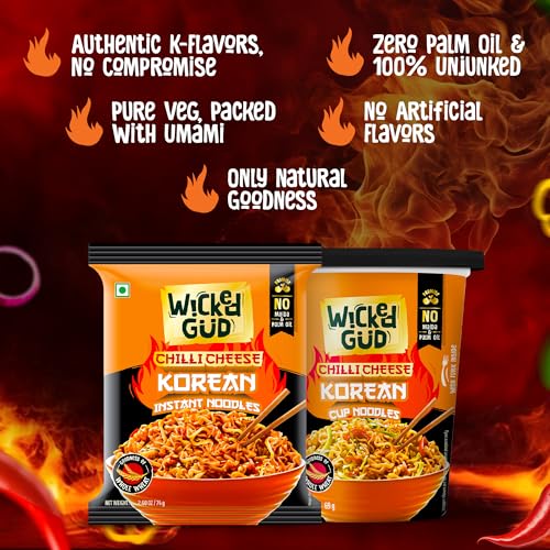Image of Wickedgud Chilli Cheese Korean Instant Noodles, Combo 74g + 74g | Whole Wheat | No Maida | No Palm Oil