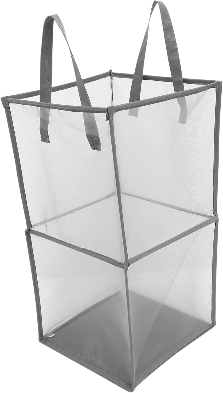Levemolo Laundry Hamper Portable Mesh Organizer Basket for Clothes Toys Blankets for Bedroom Bathroom Travel Grey Double Layer Design