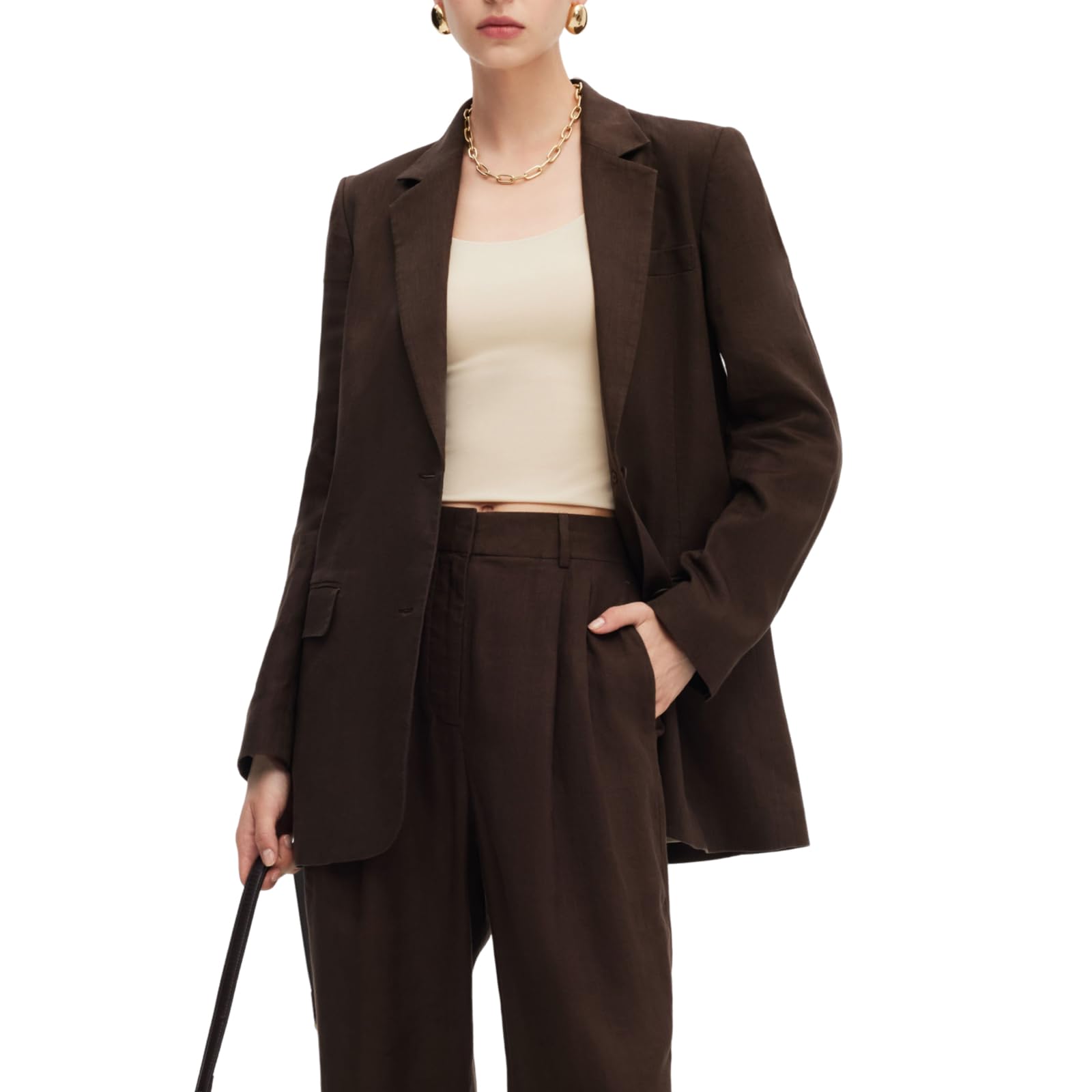 GOELIA Womens Fall Spring 100 Linen Blazer Single Breasted Long Sleeve Work Office Tan Suit Jackets