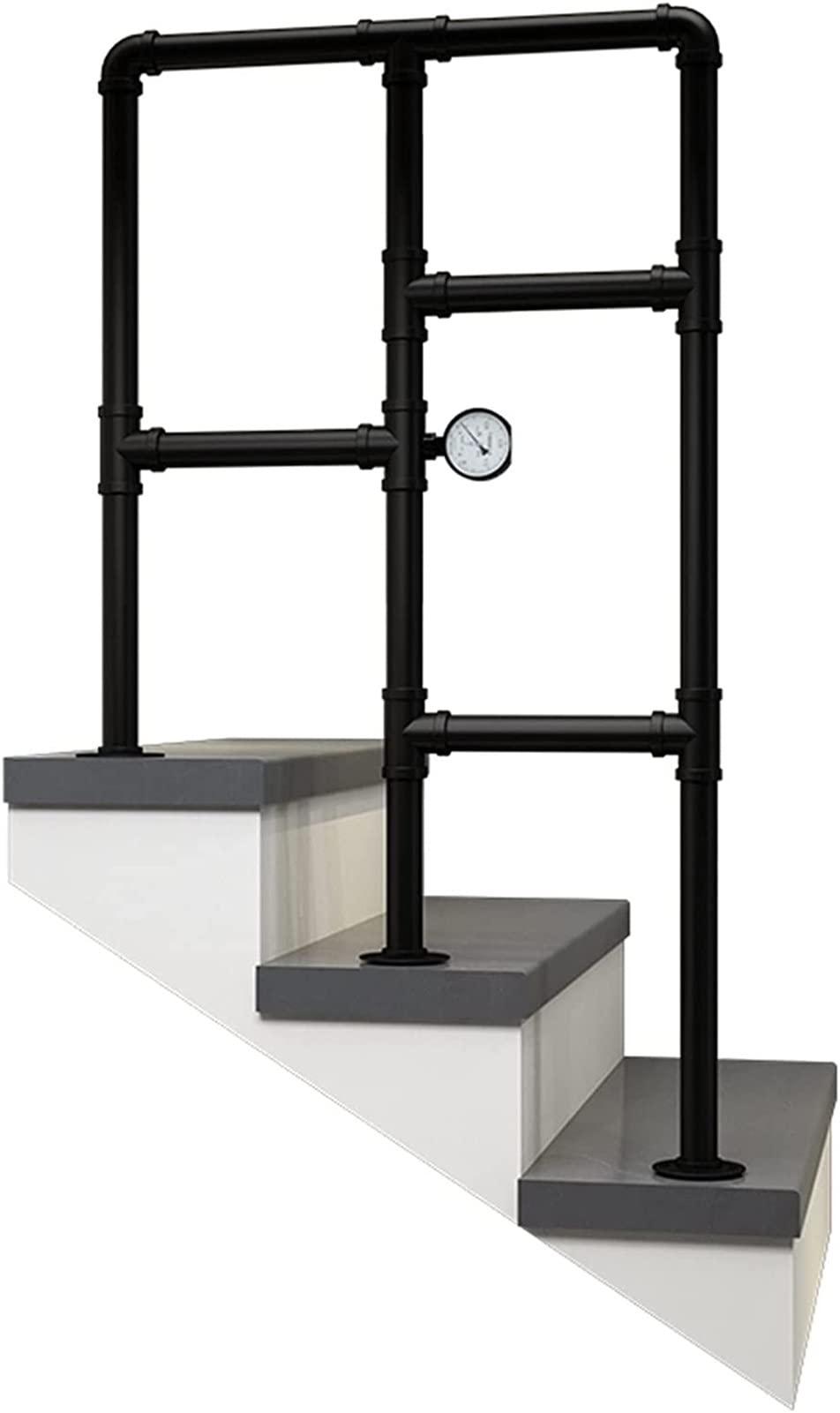 Meiiron Staircase Handrails for Concrete Steps, Fits for 3 Steps Transitional Wrought Iron Stair Railing with Fence, Matte Black Industrial Water Meter Design