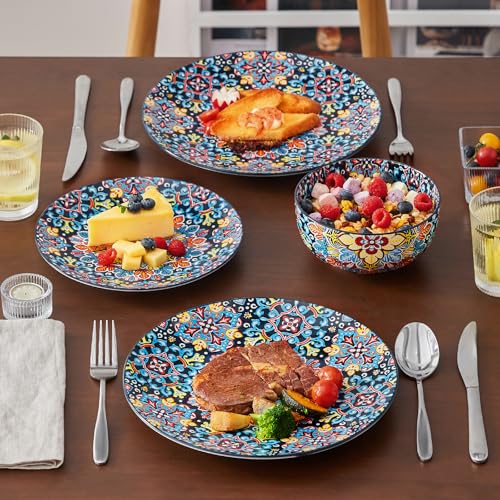 Image of vancasso 12 Pieces Dinnerware Sets, Red Plates and Bowls Set, Porcelain Dishes Set for 4, Microwave and Dishwasher Safe, Scratch Resistant, Bohemian Style Dining Ware Service for 4, Series SIMI