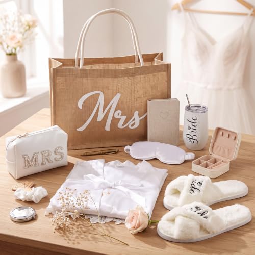 Image of JaGely 9 Pcs Bride to Be Gifts Set Bridal Shower Bachelorette Wedding Gifts with Robe Slippers Tumbler Tote Bag & Bridal Kit