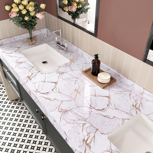 Skyblur Gold Pink Marble Contact Paper Pink Marble Wallpaper Peel and Stick Countertops Self Adhesive Waterproof Glossy Countertop Contact Paper for Kitchen Bathroom Counter Vinyl Wrap 15.8" x 80"